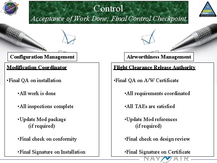 Control Acceptance of Work Done; Final Control Checkpoint Configuration Management Airworthiness Management Modification Coordinator