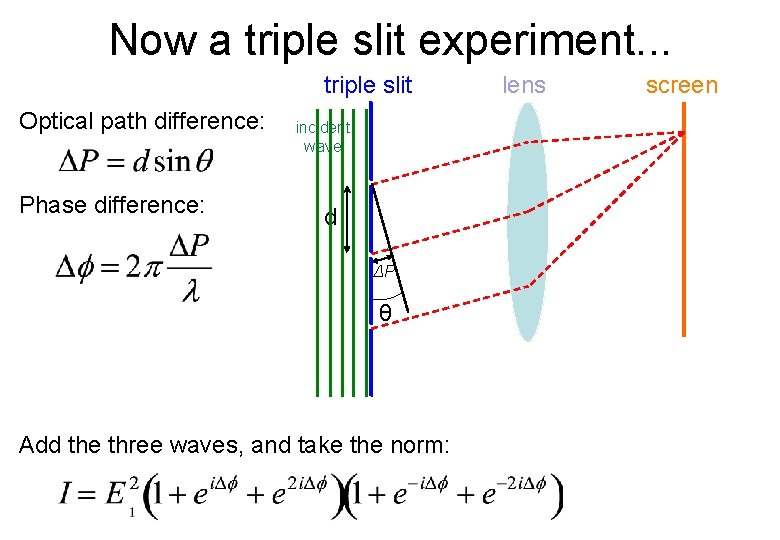 Now a triple slit experiment. . . triple slit Optical path difference: Phase difference: