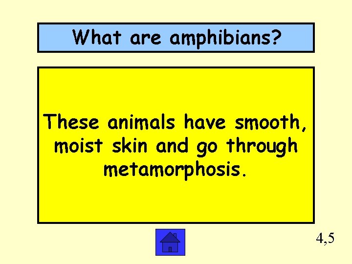 What are amphibians? These animals have smooth, moist skin and go through metamorphosis. 4,