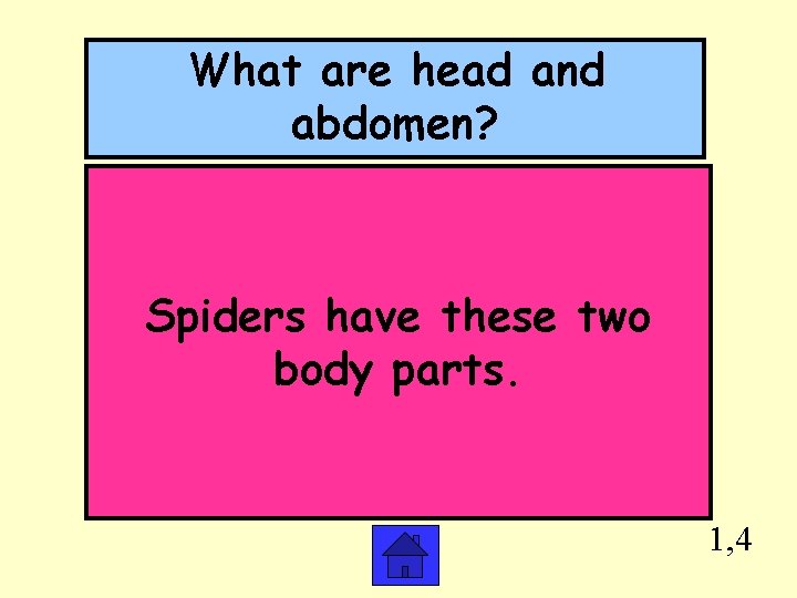 What are head and abdomen? Spiders have these two body parts. 1, 4 