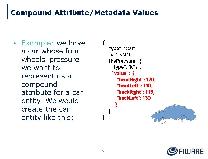 Compound Attribute/Metadata Values • Example: we have a car whose four wheels' pressure we