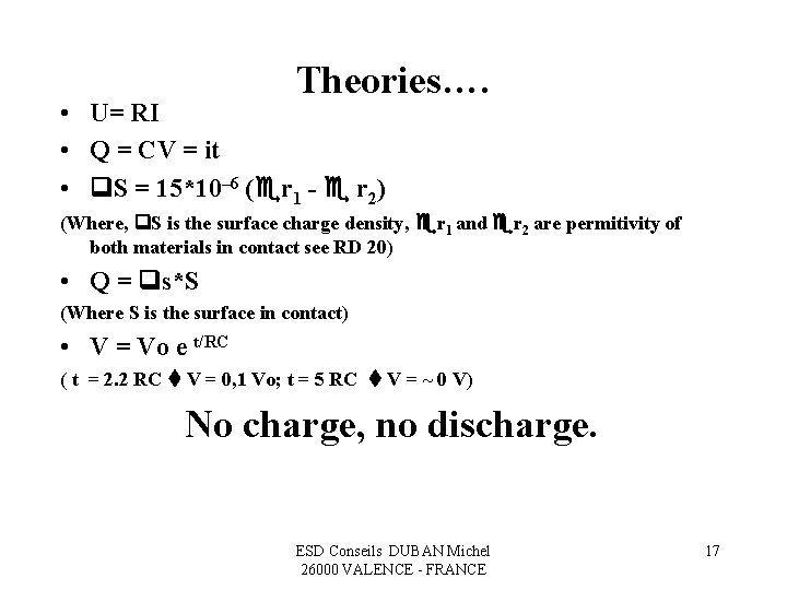 Theories…. • U= RI • Q = CV = it • S = 15*10–