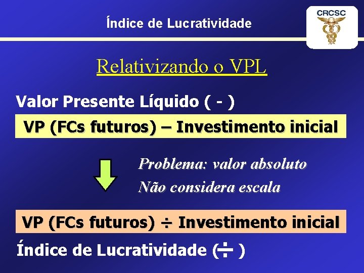 Índice de Lucratividade Relativizando o VPL Valor Presente Líquido ( - ) VP (FCs