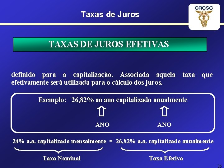 Taxas de Juros TAXAS DE JUROS EFETIVAS definido para a capitalização. Associada aquela taxa