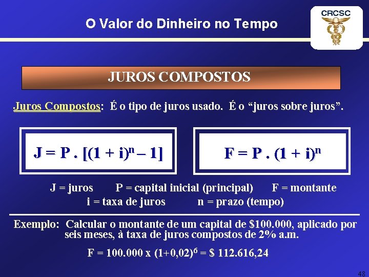 O Valor do Dinheiro no Tempo JUROS COMPOSTOS Juros Compostos: É o tipo de