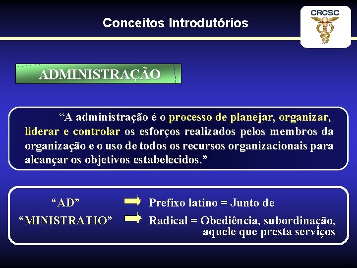 Conceitos Introdutórios ADMINISTRAÇÃO “A administração é o processo de planejar, organizar, liderar e controlar