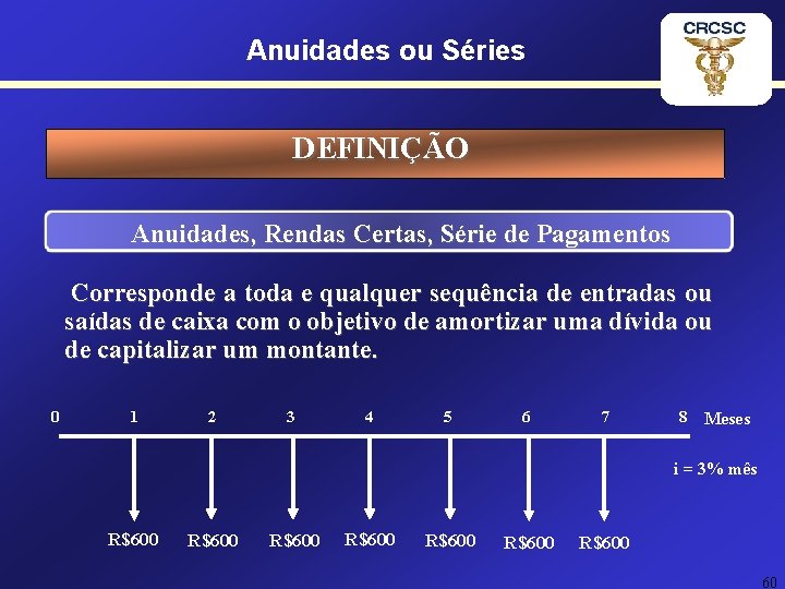 Anuidades ou Séries DEFINIÇÃO Anuidades, Rendas Certas, Série de Pagamentos Corresponde a toda e