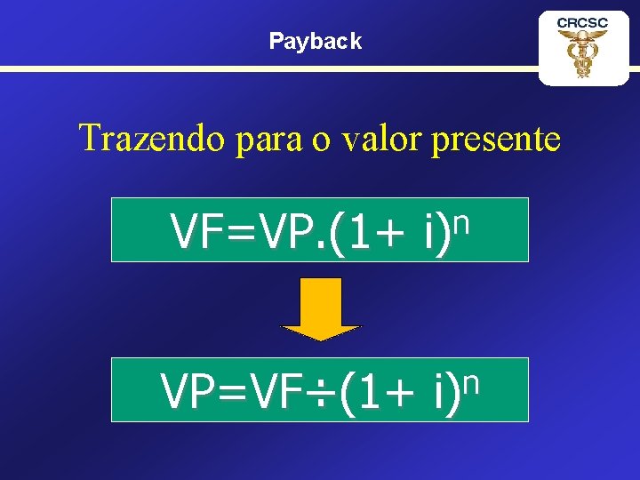 Payback Trazendo para o valor presente VF=VP. (1+ VP=VF÷(1+ n i) 