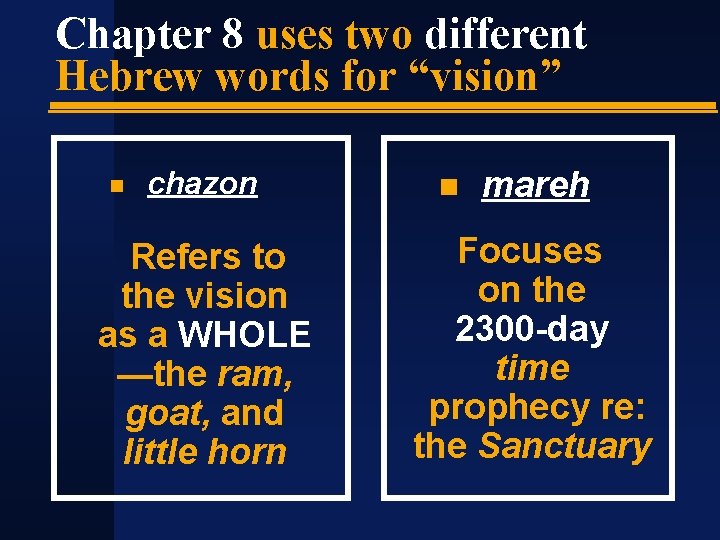 Chapter 8 uses two different Hebrew words for “vision” chazon Refers to the vision