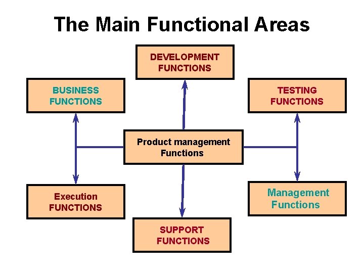The Main Functional Areas DEVELOPMENT FUNCTIONS BUSINESS FUNCTIONS TESTING FUNCTIONS Product management Functions Management