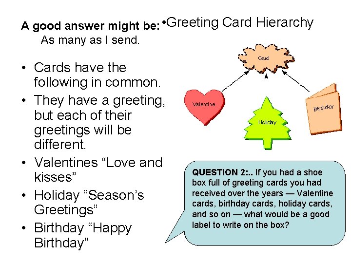 A good answer might be: • Greeting Card Hierarchy As many as I send. A good answer might be: • Greeting Card Hierarchy As many as I send.