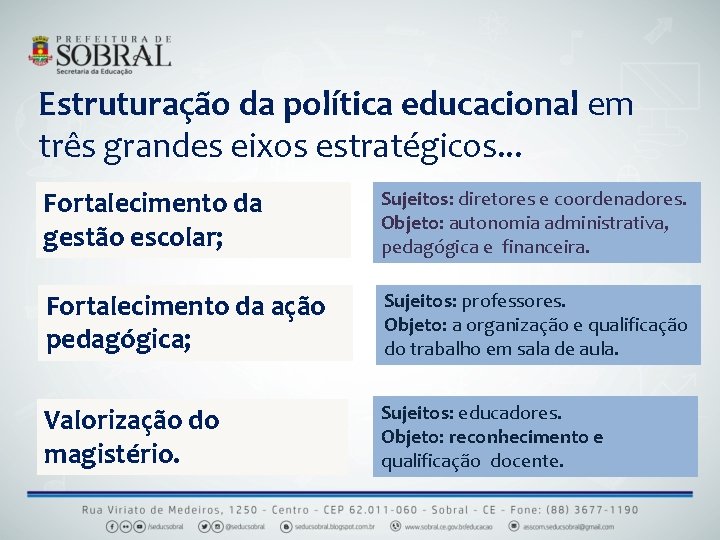 Estruturação da política educacional em três grandes eixos estratégicos. . . Fortalecimento da gestão