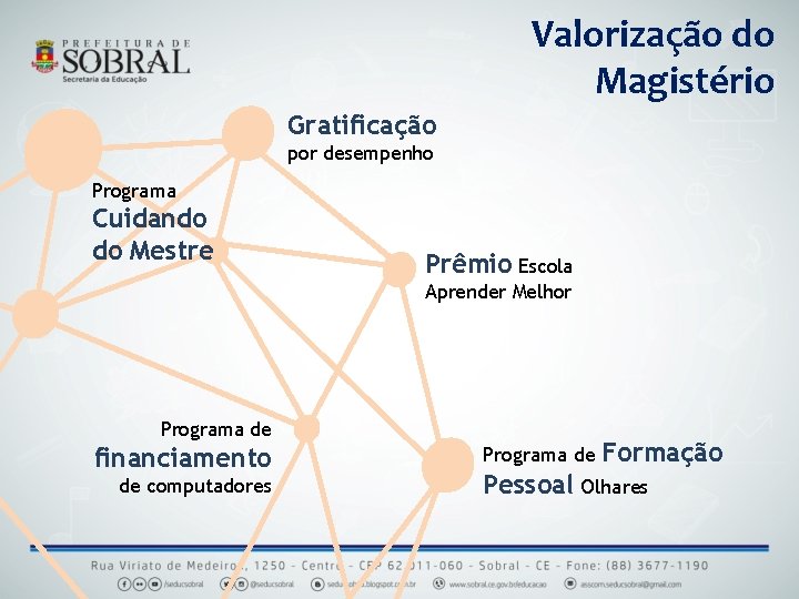 Valorização do Magistério Gratificação por desempenho Programa Cuidando do Mestre Prêmio Escola Aprender Melhor