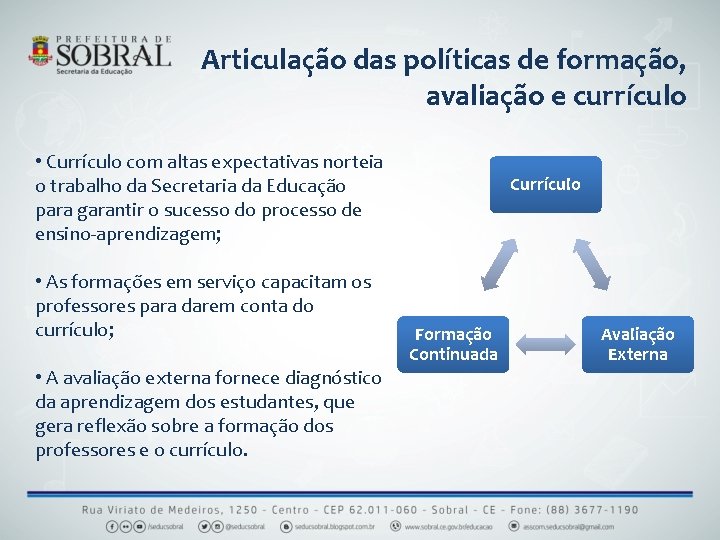 Articulação das políticas de formação, avaliação e currículo • Currículo com altas expectativas norteia