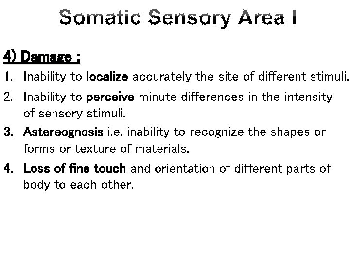 4) Damage : 1. Inability to localize accurately the site of different stimuli. 2.