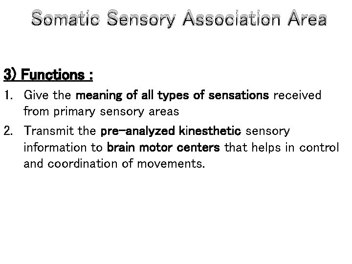 Somatic Sensory Association Area 3) Functions : 1. Give the meaning of all types