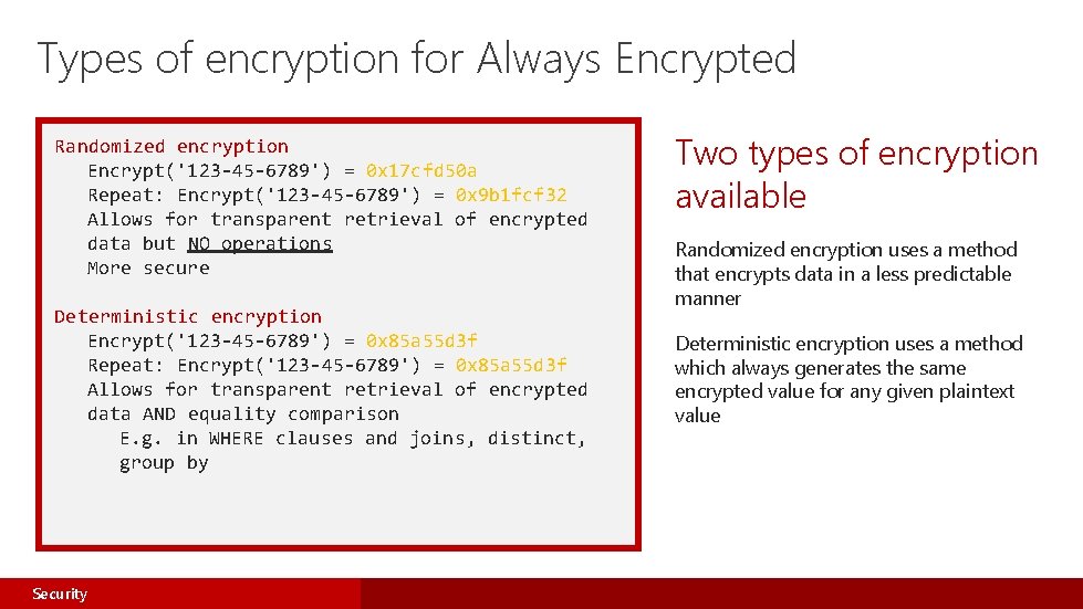 Types of encryption for Always Encrypted Randomized encryption Encrypt('123 -45 -6789') = 0 x Types of encryption for Always Encrypted Randomized encryption Encrypt('123 -45 -6789') = 0 x