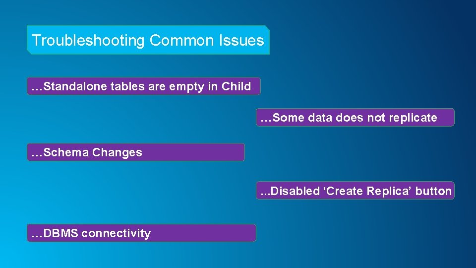 Troubleshooting Common Issues …Standalone tables are empty in Child …Some data does not replicate