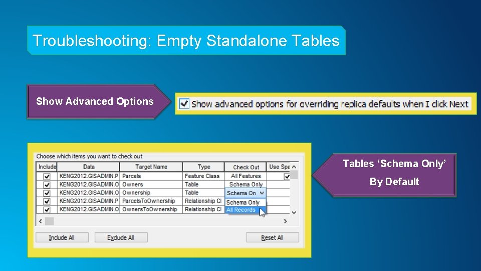 Troubleshooting: Empty Standalone Tables Show Advanced Options Tables ‘Schema Only’ By Default Troubleshooting: Empty Standalone Tables Show Advanced Options Tables ‘Schema Only’ By Default