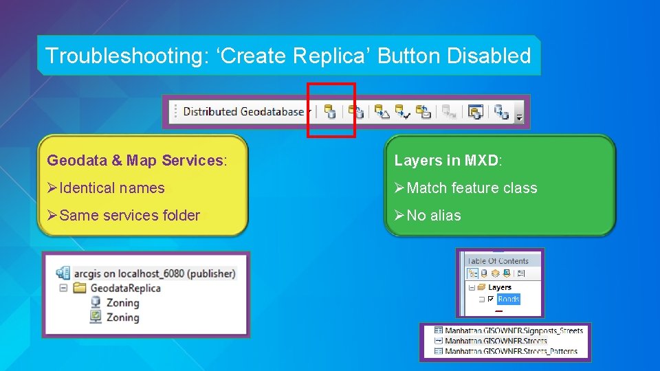 Troubleshooting: ‘Create Replica’ Button Disabled Geodata & Map Services: Layers in MXD: ØIdentical names Troubleshooting: ‘Create Replica’ Button Disabled Geodata & Map Services: Layers in MXD: ØIdentical names