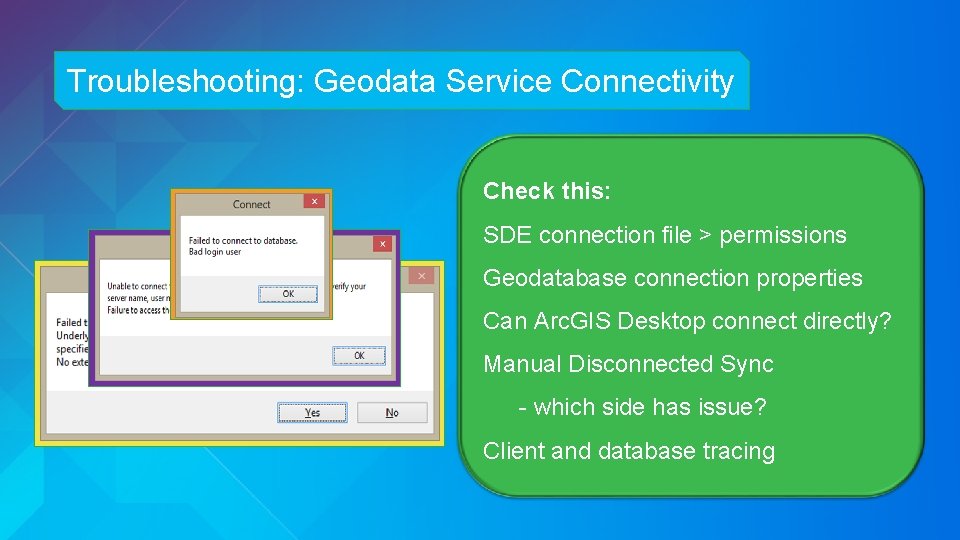 Troubleshooting: Geodata Service Connectivity Check this: SDE connection file > permissions Geodatabase connection properties