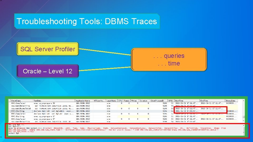 Troubleshooting Tools: DBMS Traces SQL Server Profiler Oracle – Level 12 . . .