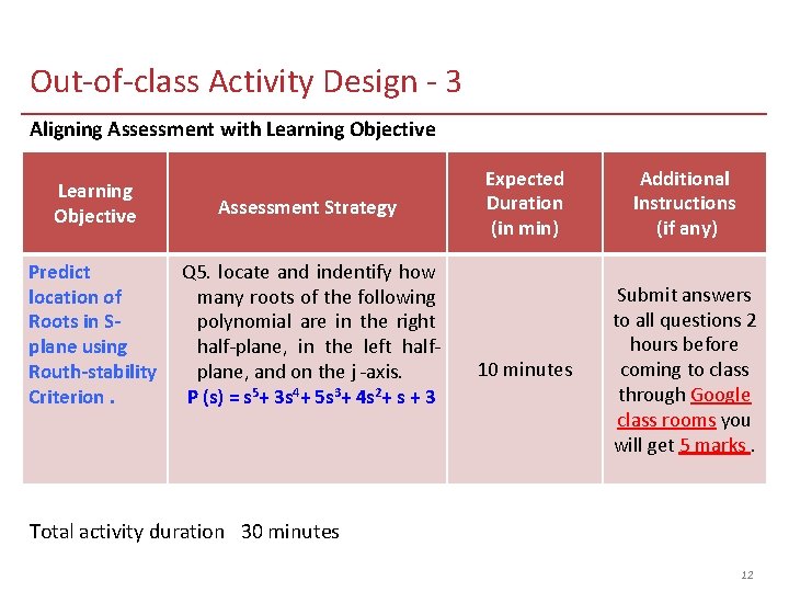Out-of-class Activity Design - 3 Aligning Assessment with Learning Objective Assessment Strategy Predict location