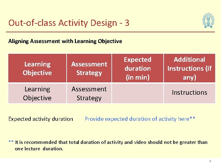 Out-of-class Activity Design - 3 Aligning Assessment with Learning Objective Assessment Strategy Expected activity