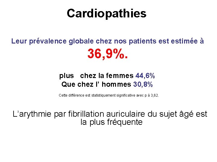 Cardiopathies Leur prévalence globale chez nos patients estimée à 36, 9%. plus chez la