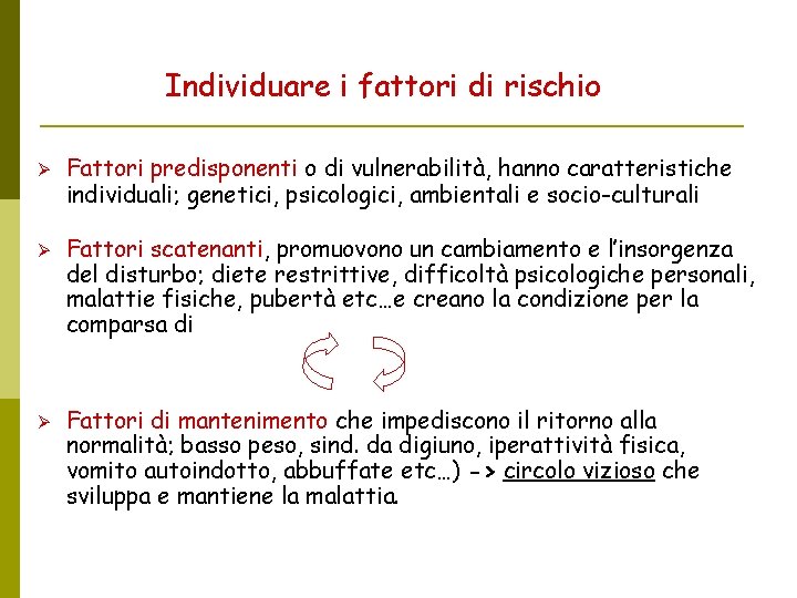 Individuare i fattori di rischio Fattori predisponenti o di vulnerabilità, hanno caratteristiche individuali; genetici,