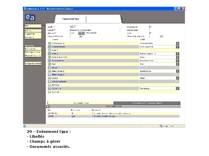 29 – Evénement type : - Libellés - Champs à gérer - Documents associés.