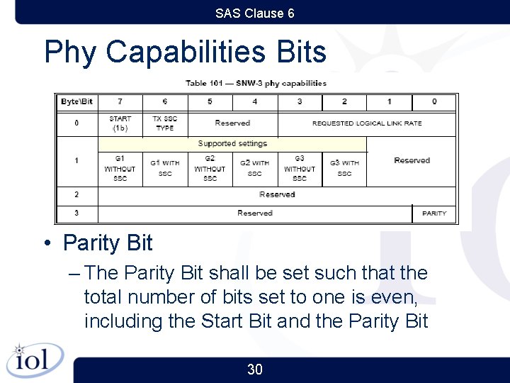 SAS Clause 6 Phy Capabilities Bits • Parity Bit – The Parity Bit shall