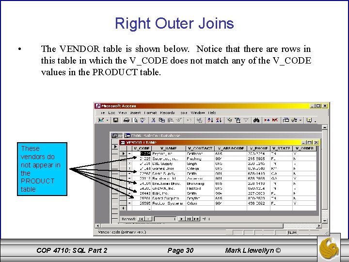 Right Outer Joins • The VENDOR table is shown below. Notice that there are
