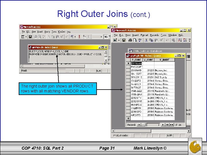 Right Outer Joins (cont. ) The right outer join shows all PRODUCT rows with