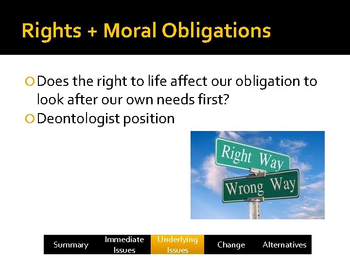 Rights + Moral Obligations Does the right to life affect our obligation to look