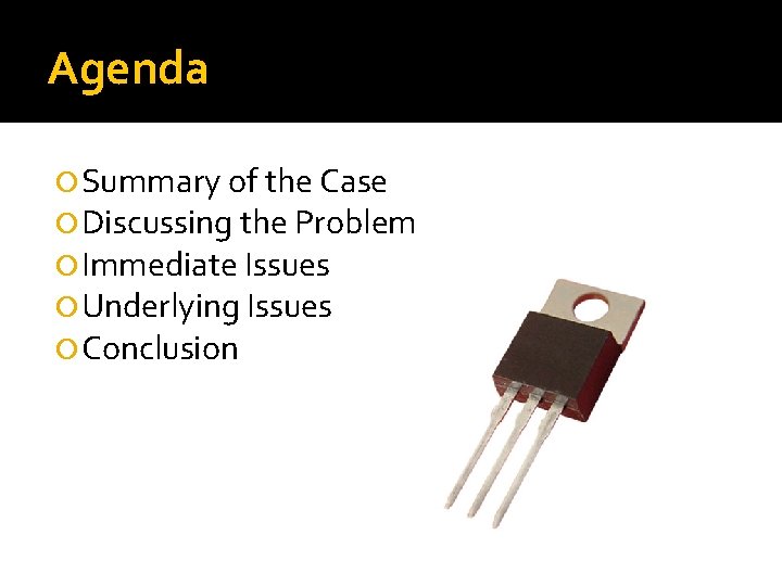 Agenda Summary of the Case Discussing the Problem Immediate Issues Underlying Issues Conclusion 