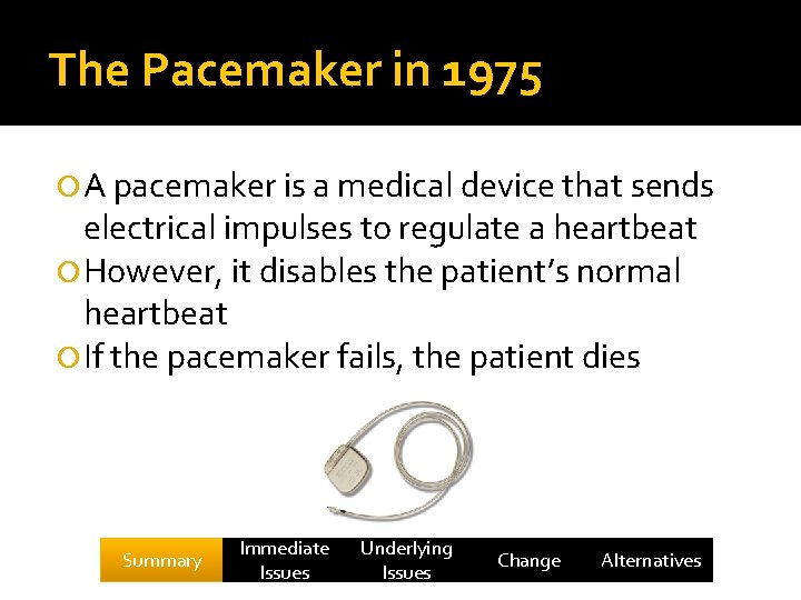 The Pacemaker in 1975 A pacemaker is a medical device that sends electrical impulses