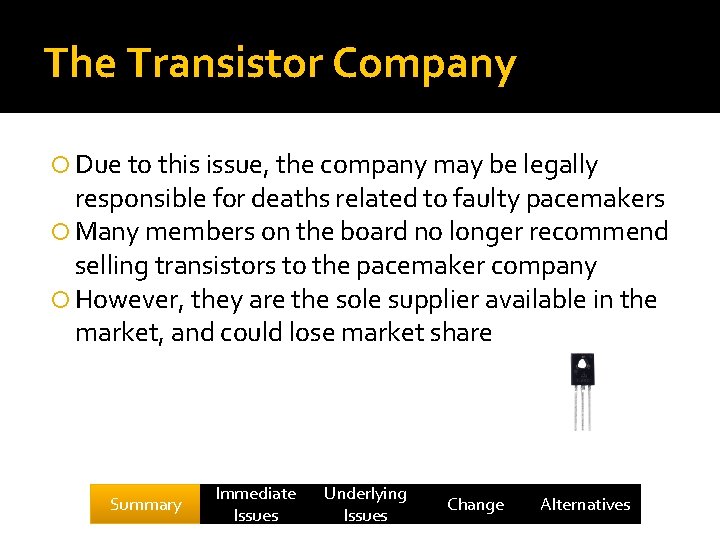 The Transistor Company Due to this issue, the company may be legally responsible for