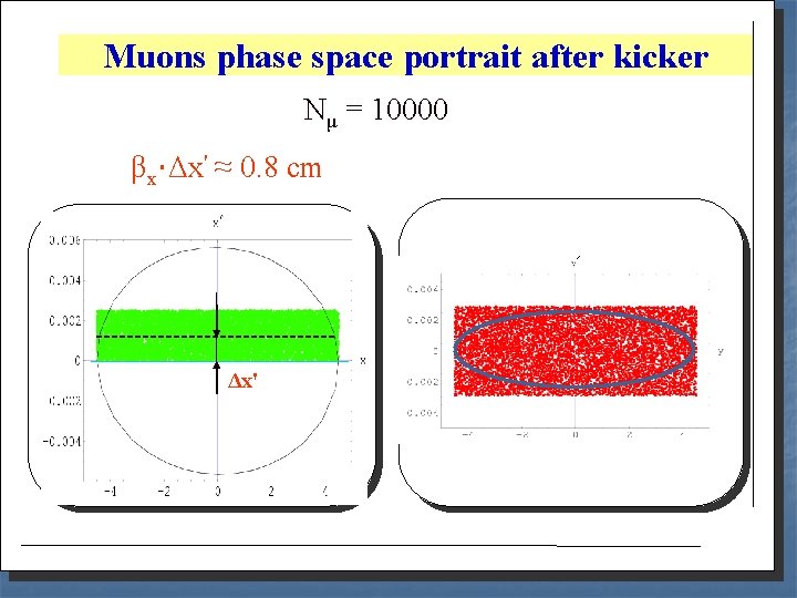 Muons phase space portrait after kicker Nμ = 10000 βx·Δx' ≈ 0. 8 cm