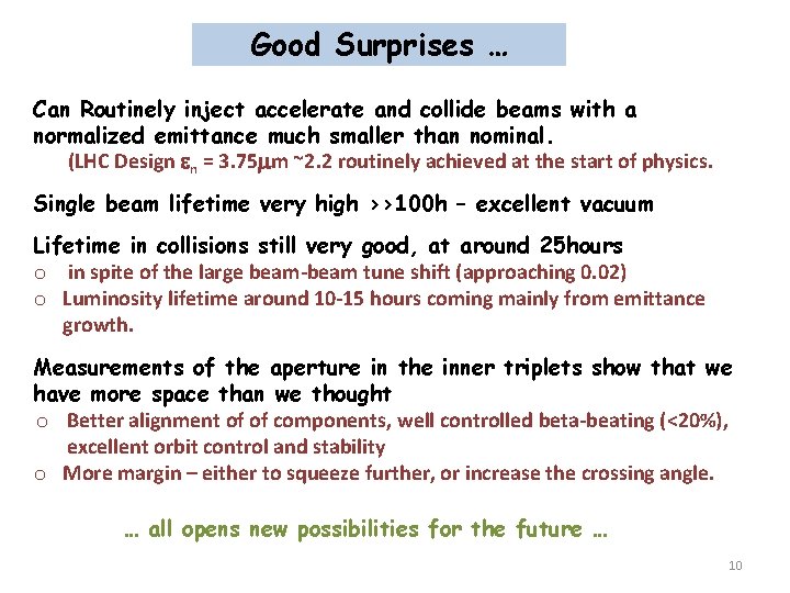 Good Surprises … Can Routinely inject accelerate and collide beams with a normalized emittance