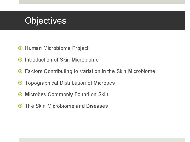 Objectives Human Microbiome Project Introduction of Skin Microbiome Factors Contributing to Variation in the