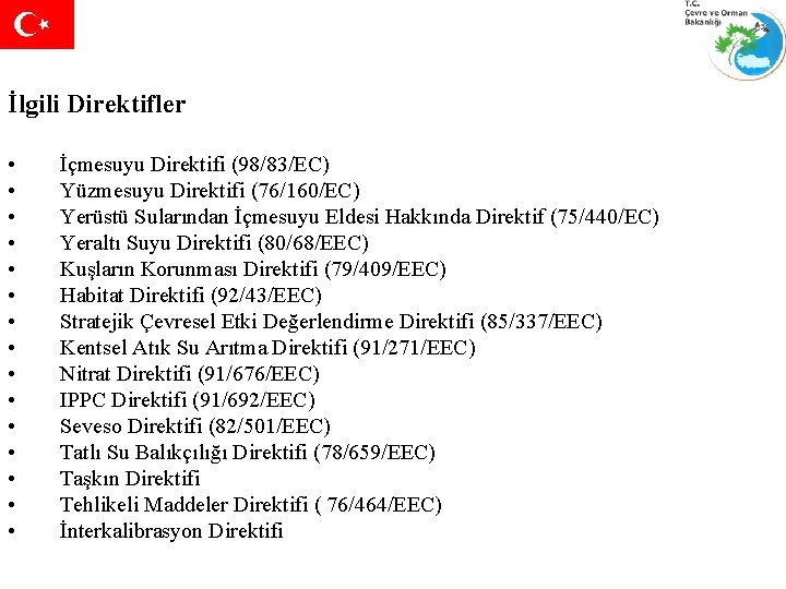 İlgili Direktifler • • • • İçmesuyu Direktifi (98/83/EC) Yüzmesuyu Direktifi (76/160/EC) Yerüstü Sularından