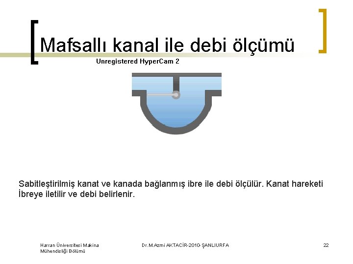 Mafsallı kanal ile debi ölçümü Sabitleştirilmiş kanat ve kanada bağlanmış ibre ile debi ölçülür.