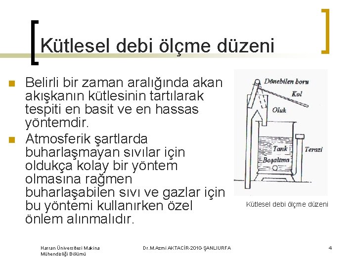 Kütlesel debi ölçme düzeni n n Belirli bir zaman aralığında akan akışkanın kütlesinin tartılarak