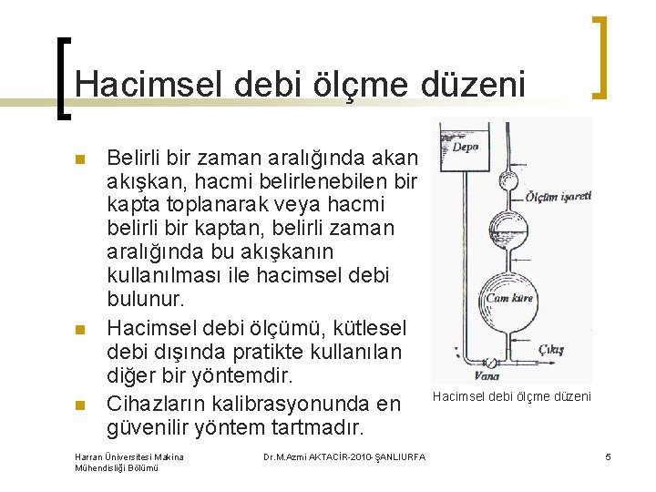 Hacimsel debi ölçme düzeni n n n Belirli bir zaman aralığında akan akışkan, hacmi