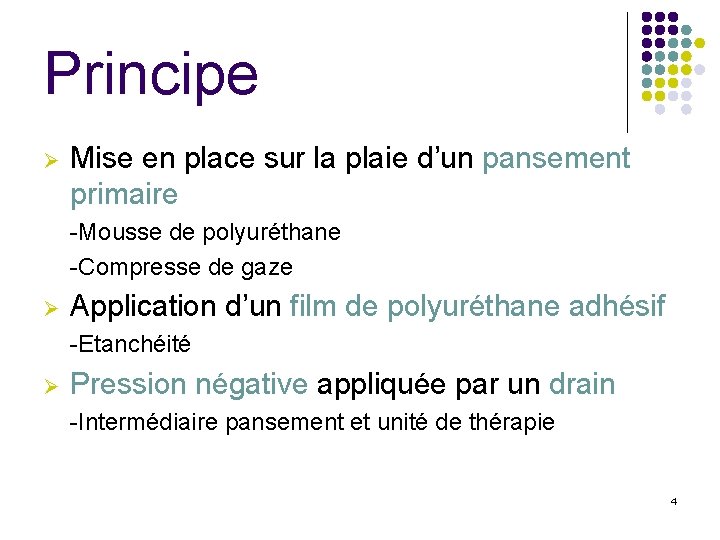 Principe Ø Mise en place sur la plaie d’un pansement primaire -Mousse de polyuréthane