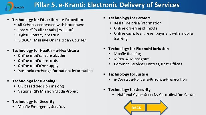 Pillar 5. e-Kranti: Electronic Delivery of Services § Technology for Education – e-Education •