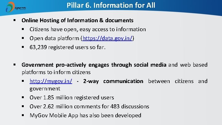 Pillar 6. Information for All § Online Hosting of Information & documents § Citizens