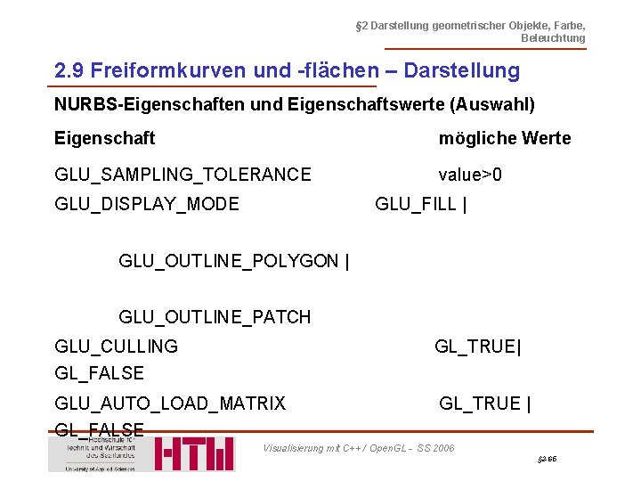 § 2 Darstellung geometrischer Objekte, Farbe, Beleuchtung 2. 9 Freiformkurven und -flächen – Darstellung