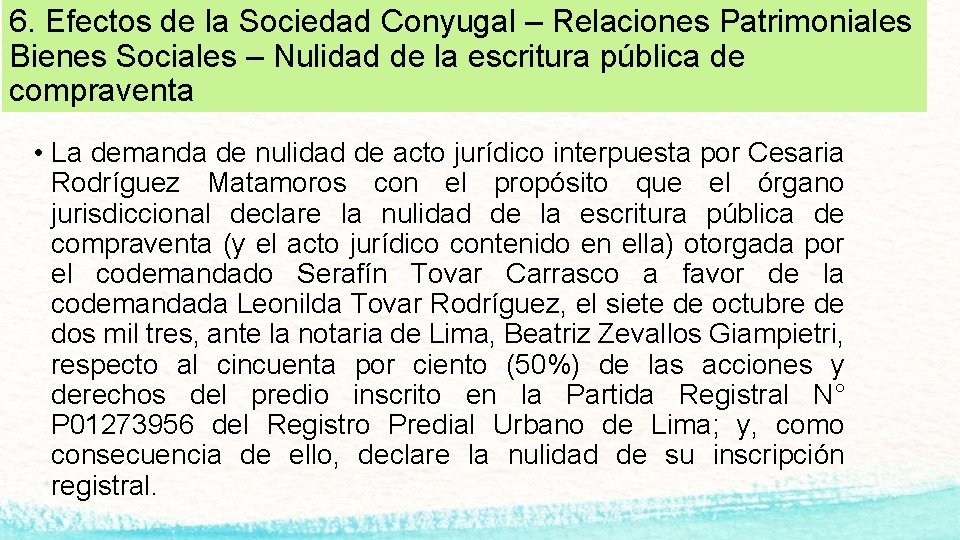 6. Efectos de la Sociedad Conyugal – Relaciones Patrimoniales Bienes Sociales – Nulidad de